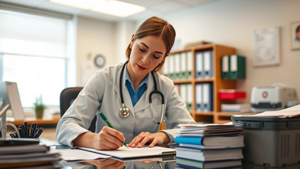 Healthcare professional writing documentation at desk with medical records, office environment, professional attire, warm lig