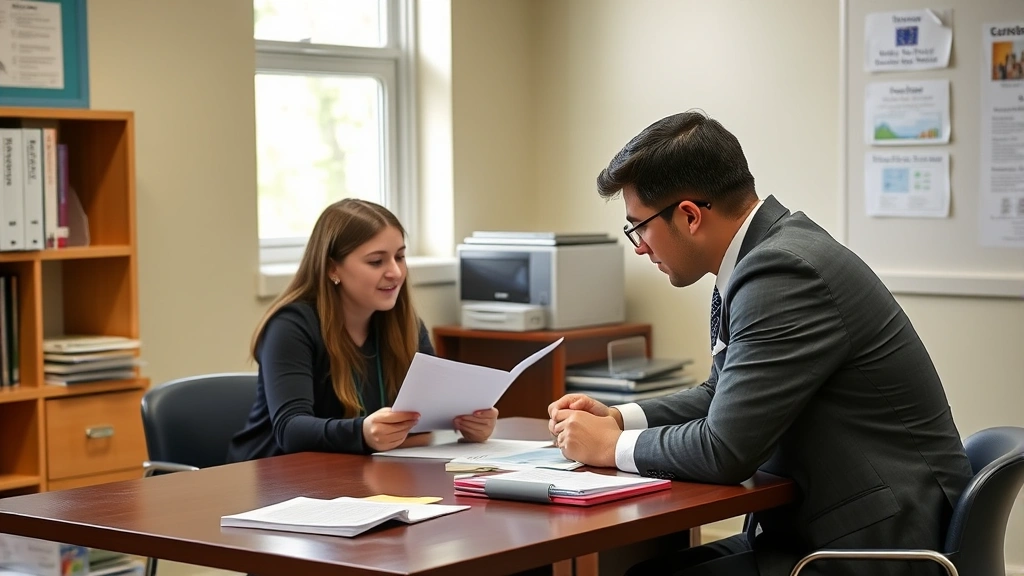 Student meeting with school administrator in office, discussing documents, both seated at table, respectful interaction, natu