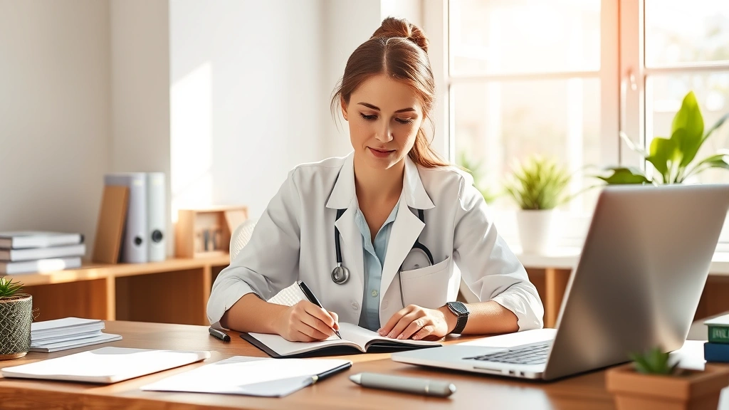 Professional woman writing at desk with laptop and medical documents, natural sunlight, focused expression, home office setti