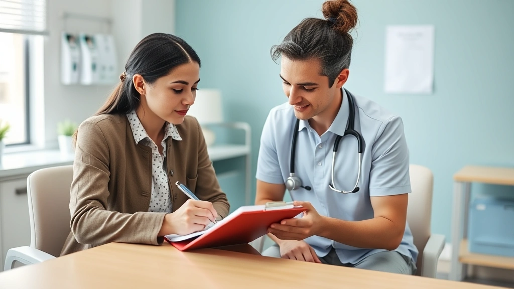 Healthcare provider writing notes on clipboard with patient sitting across desk, compassionate interaction, medical office ba