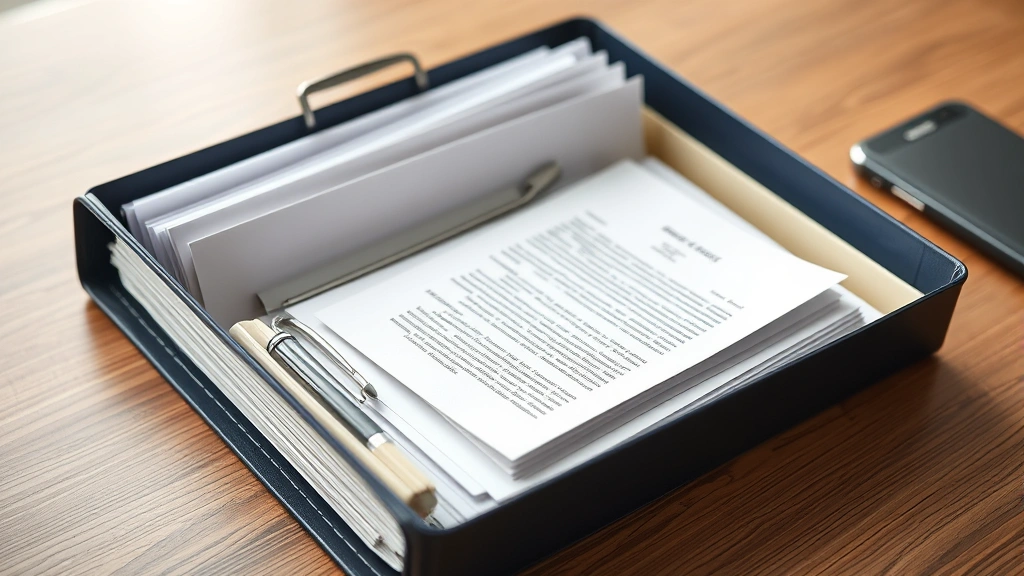 Organized folder with medical documents and letter, professional business setting, papers neatly arranged on desk