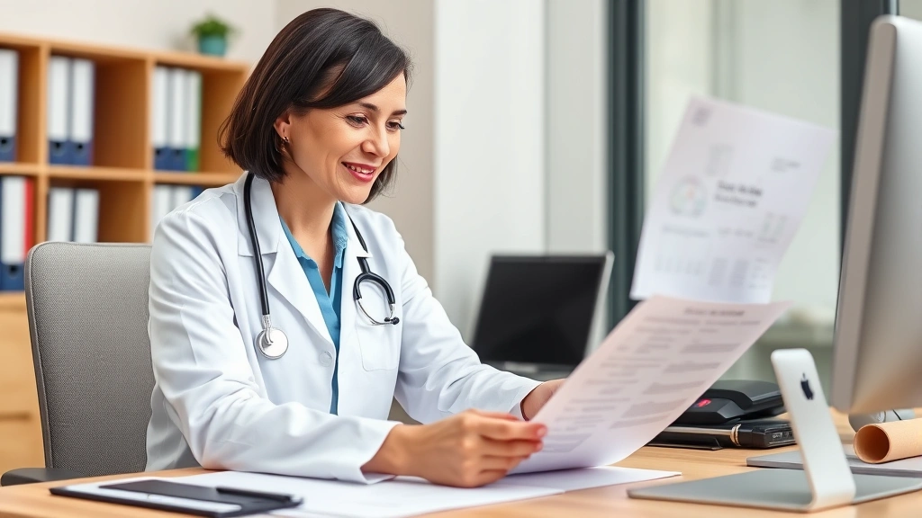 Healthcare provider in white coat reviewing patient medical records at desk with compassionate expression