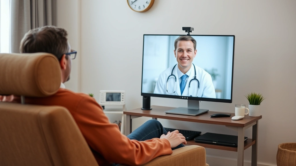 Person sitting in comfortable chair during video conference call with healthcare provider on computer screen