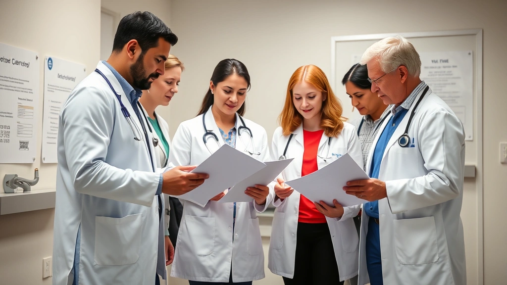 Diverse group of medical professionals in clinical setting reviewing documents together with focus on patient care