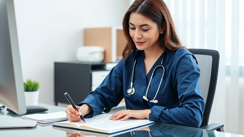 Licensed healthcare provider at desk writing medical documentation with stethoscope and computer visible, professional medica