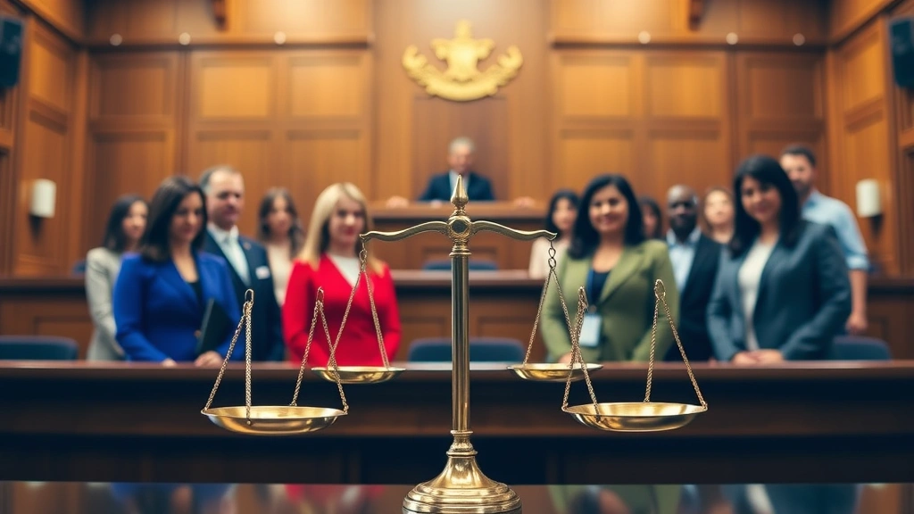 Diverse people in courtroom with judge at bench and balanced scales of justice symbol, professional legal environment