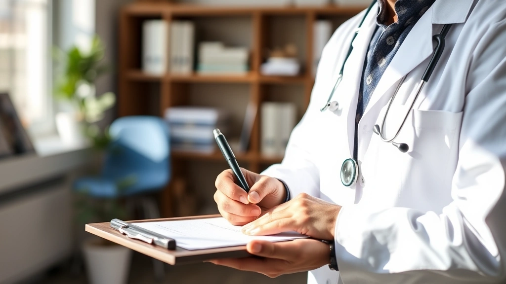 doctor writing medical notes on clipboard in professional healthcare office setting, natural lighting