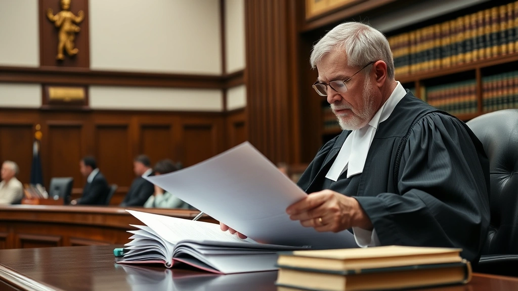 judge reviewing documents in courtroom with law books visible, serious professional atmosphere