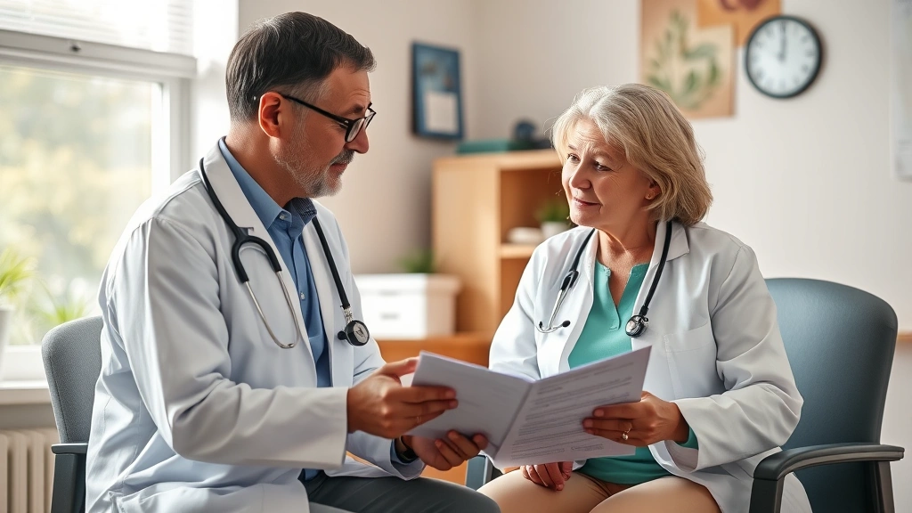 Patient in medical office consulting with healthcare provider about documentation, supportive professional environment, natur