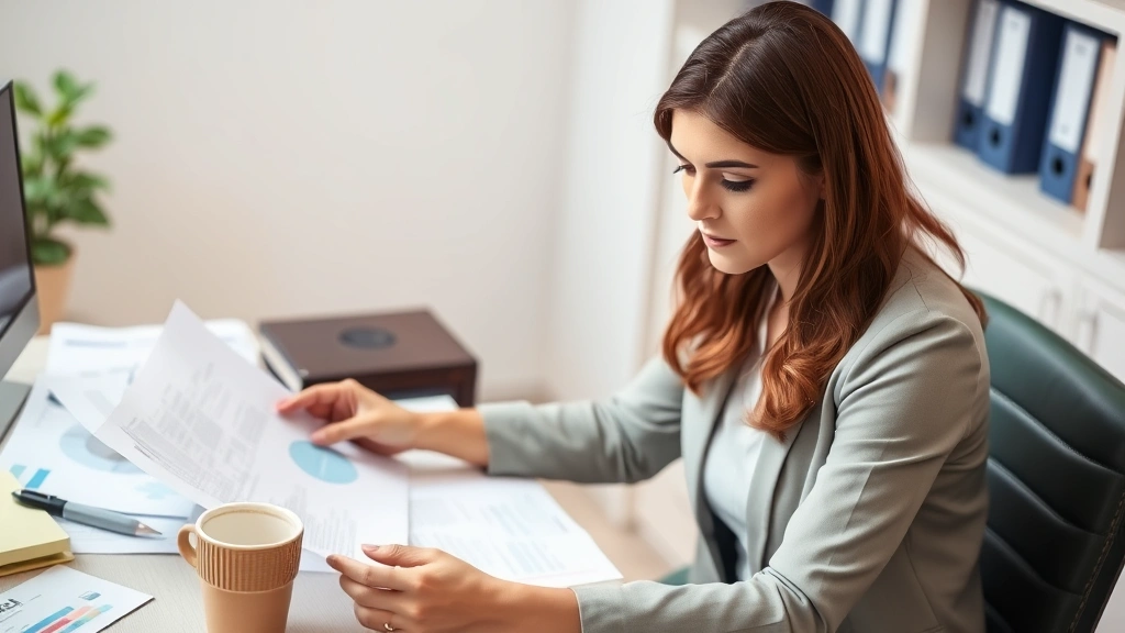Woman sitting at desk reviewing legal documents and medical papers, focused expression, organized workspace with coffee cup,