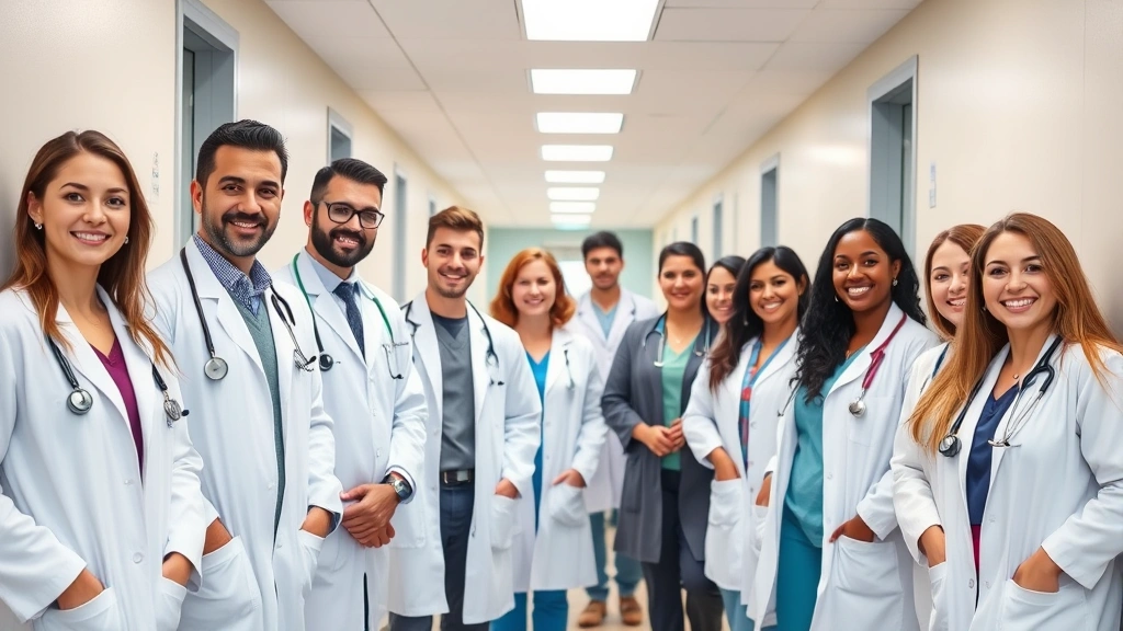Diverse group of healthcare providers in clinic hallway wearing white coats and stethoscopes, collaborative professional envi