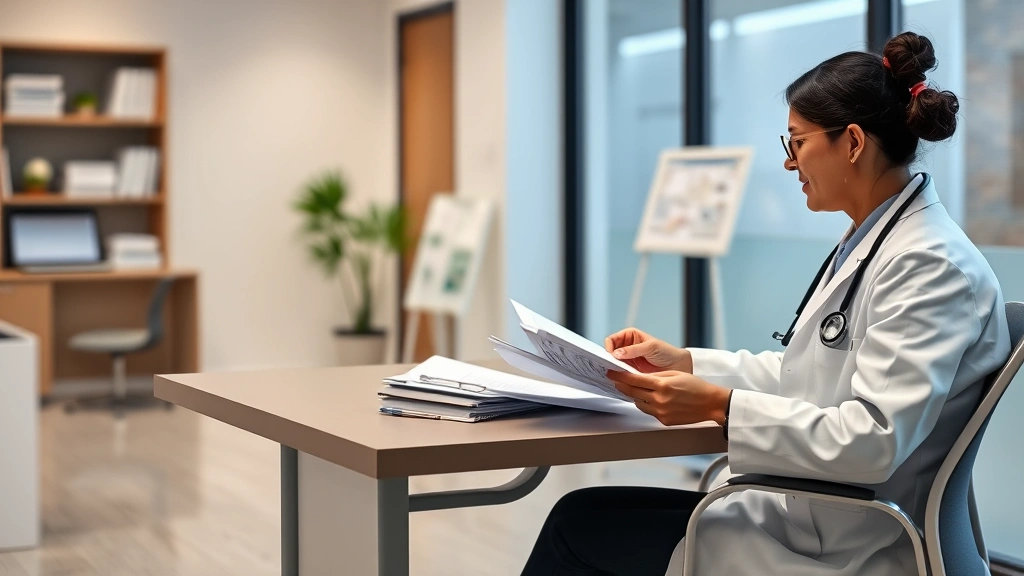 Doctor in white coat sitting at desk reviewing medical documents and patient files in modern clinic office