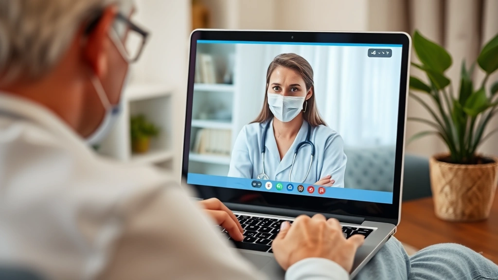 Patient during video telemedicine consultation with healthcare provider on laptop screen at home