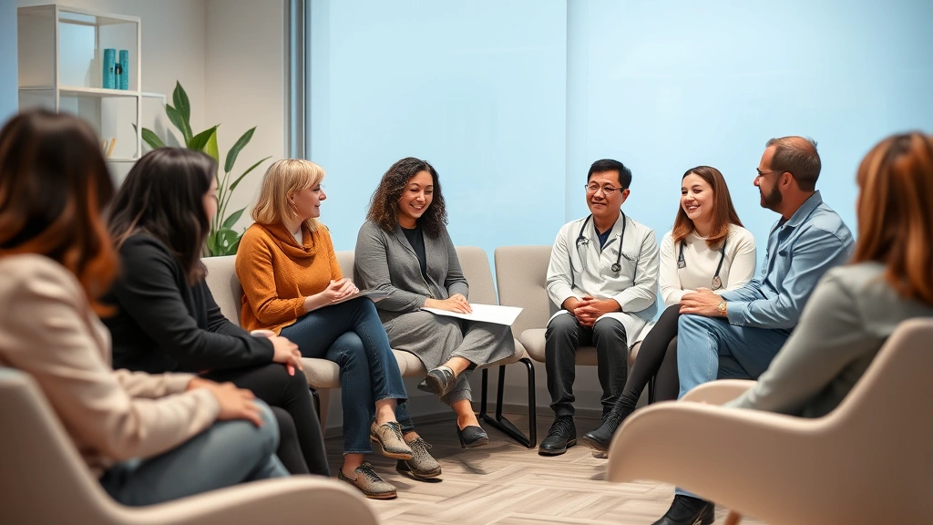 Diverse group of patients in waiting room of modern medical practice receiving consultations