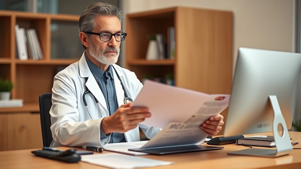 Professional healthcare provider in white coat reviewing medical documents at desk with stethoscope and computer