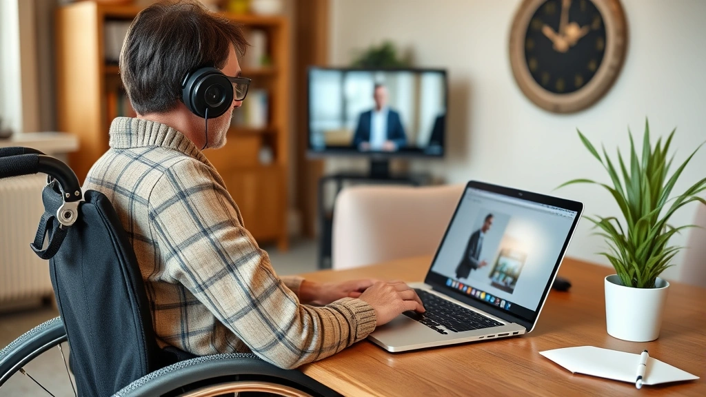 Person in wheelchair attending virtual court hearing on laptop from home office setting