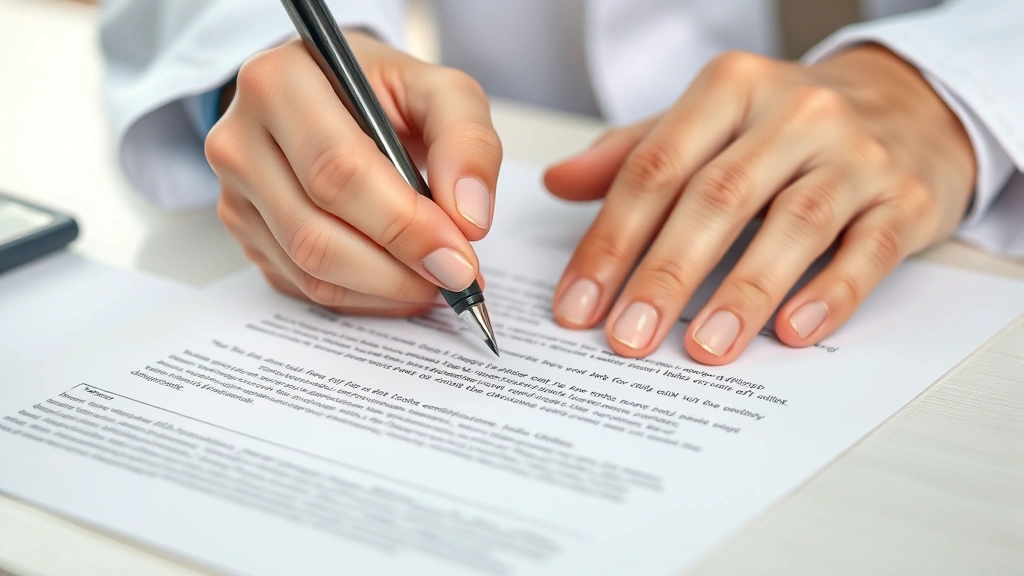 Close-up of physician's hands signing official medical letter document on office letterhead