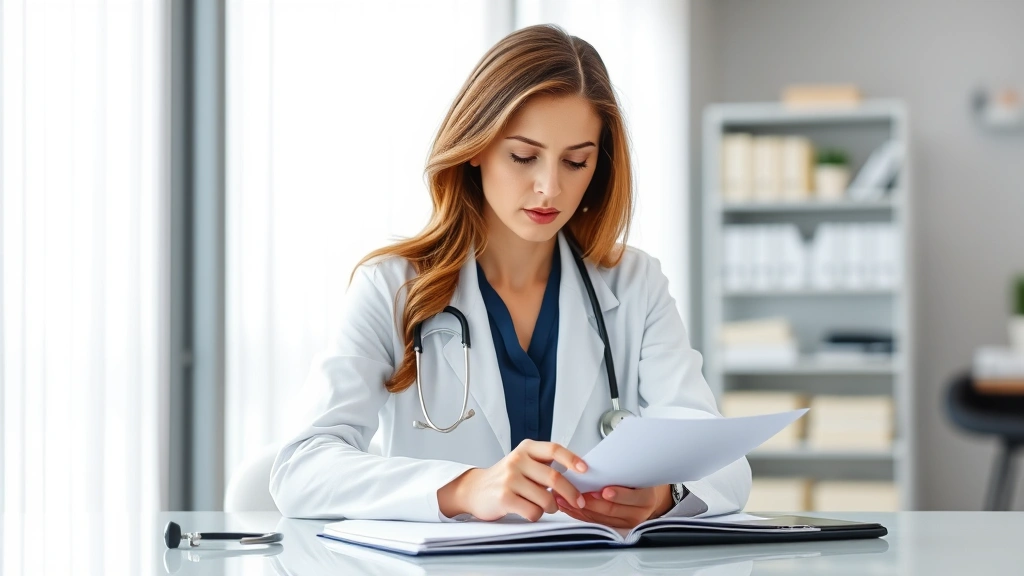 Professional female doctor in white coat reviewing medical documents at desk with stethoscope nearby, serious focused express