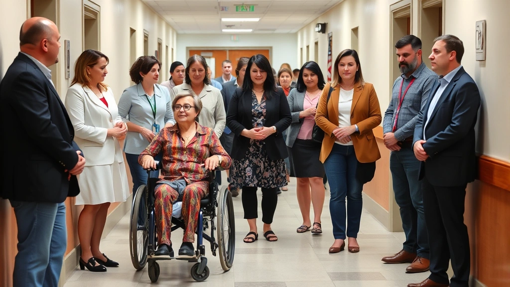 Diverse group of people in courthouse hallway with medical equipment visible, one person in wheelchair, professional and resp