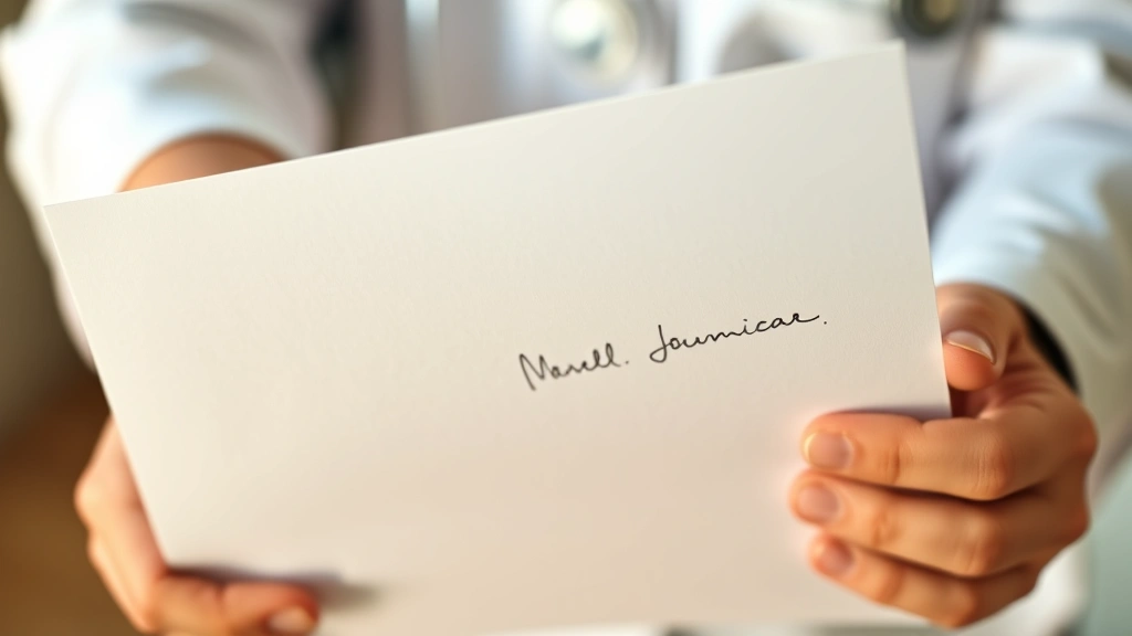 Close-up of hands holding official medical letter with healthcare provider signature and license information visible, warm li