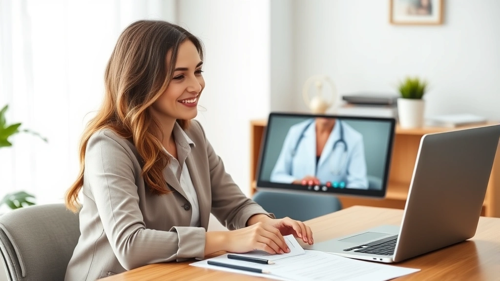 Professional woman in video call on laptop with medical documents on desk, home office setting, natural lighting, caring expr