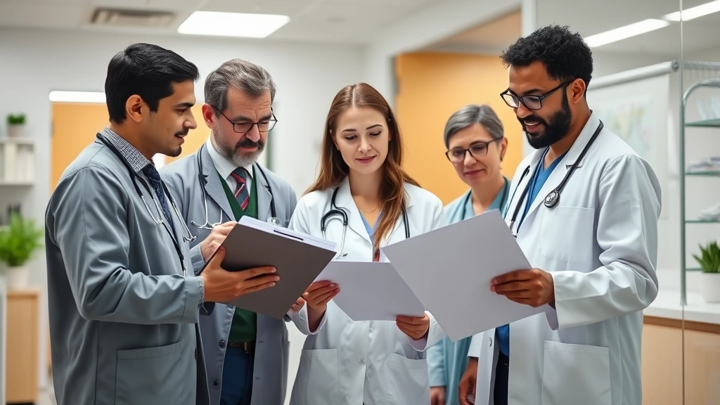 Diverse group of healthcare providers in clinical setting reviewing patient files and digital records together, modern medica