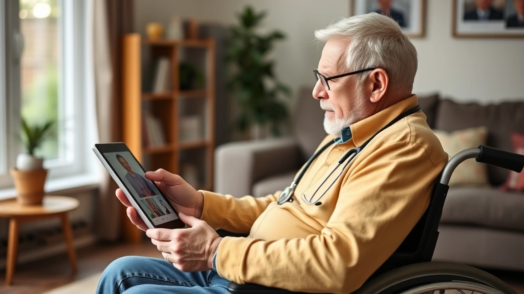 Older adult man in wheelchair at home using tablet for virtual medical consultation with doctor, accessible home environment,