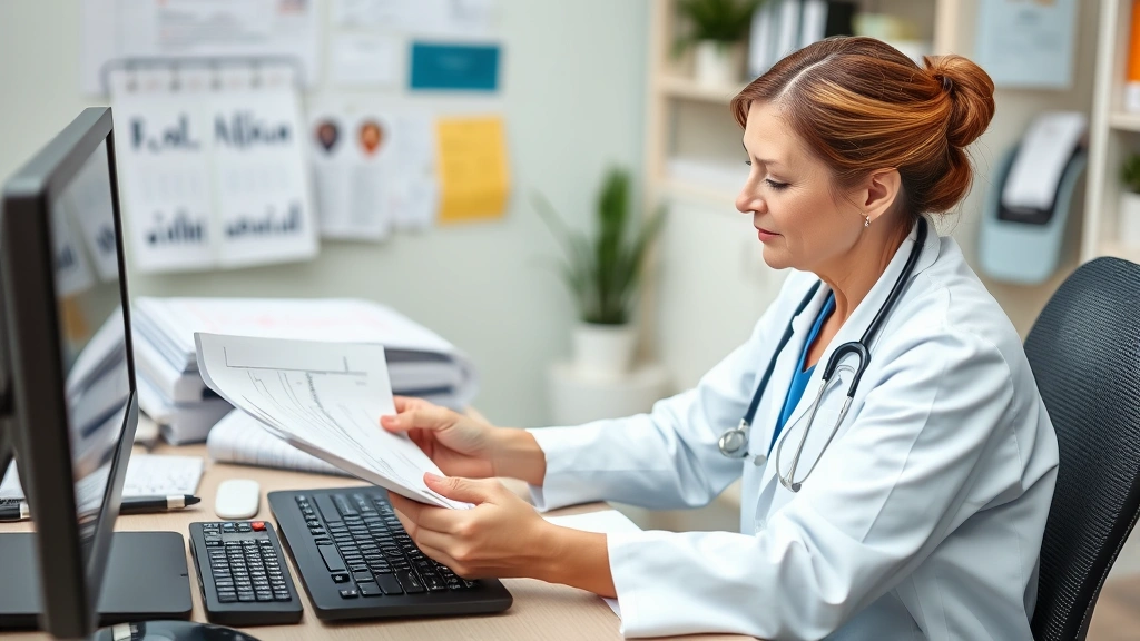 Healthcare provider at desk reviewing patient medical records and documents with compassionate expression in clinical office
