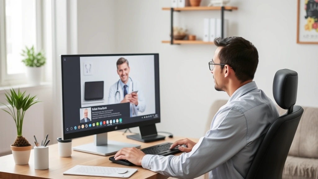 Person sitting at home computer video conference with telehealth doctor on screen for virtual medical consultation and docume