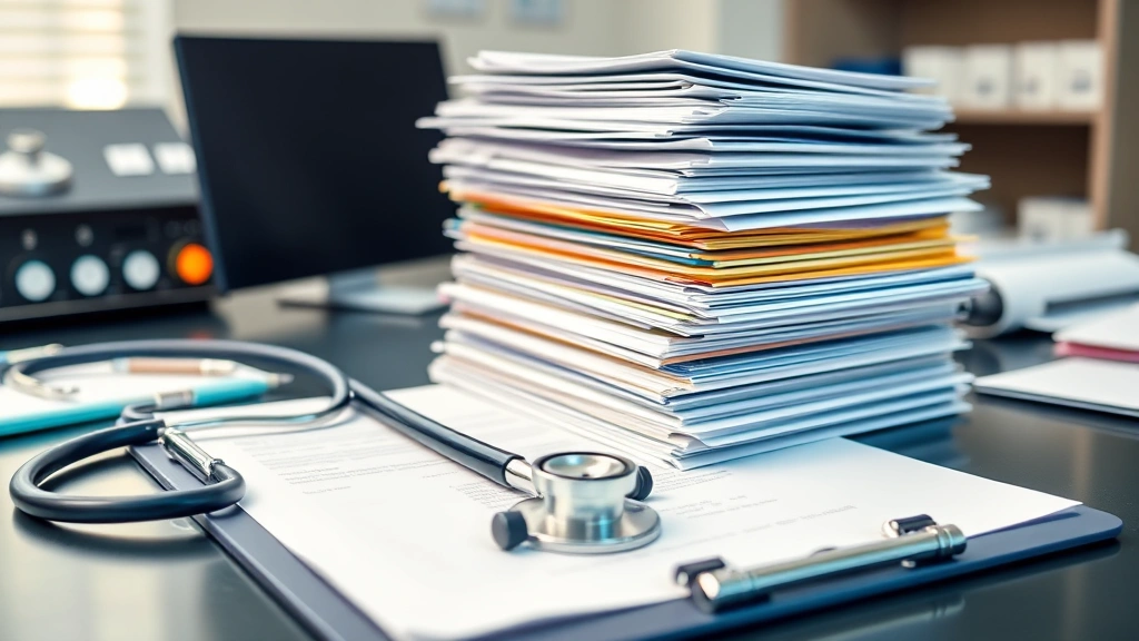 Stack of organized medical documents and letters on desk with stethoscope and clipboard in professional healthcare environmen