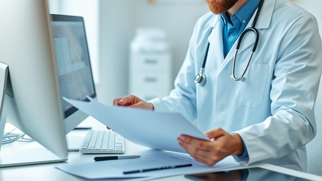 Healthcare provider in white coat reviewing medical documents at desk with stethoscope and computer