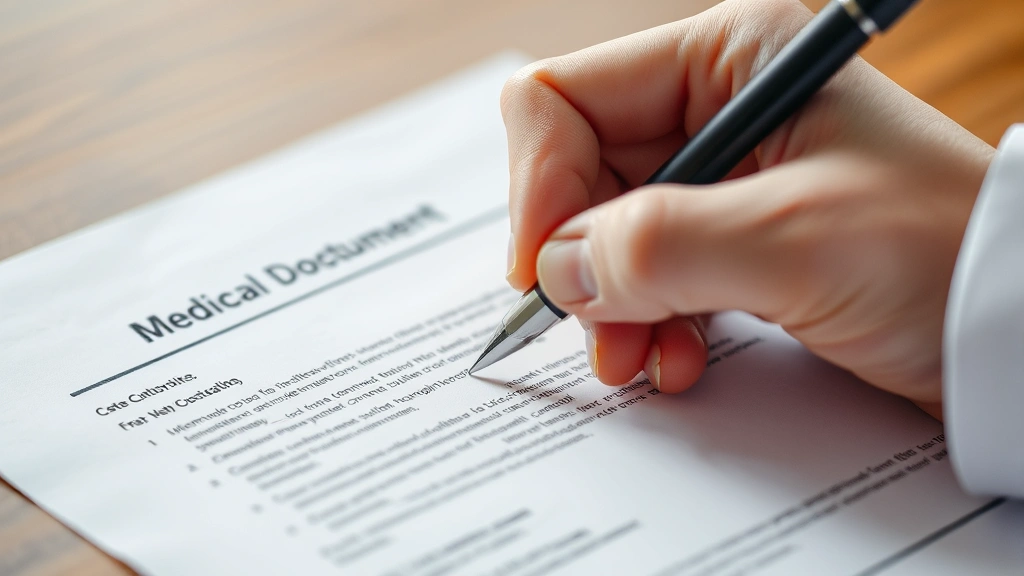 Close-up of physician hand signing official medical document with pen on letterhead