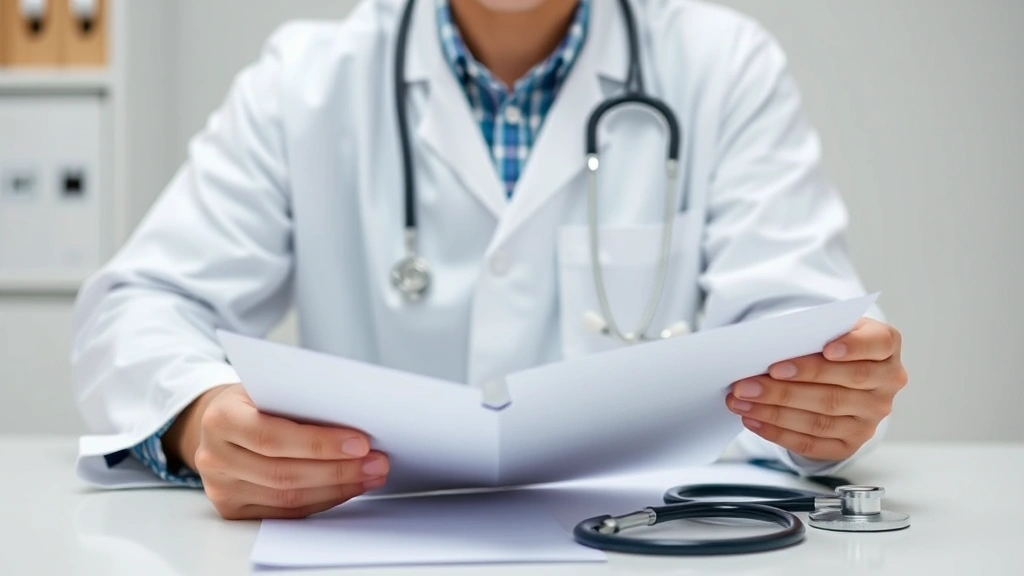 Healthcare provider in white coat reviewing medical documents at desk with stethoscope nearby