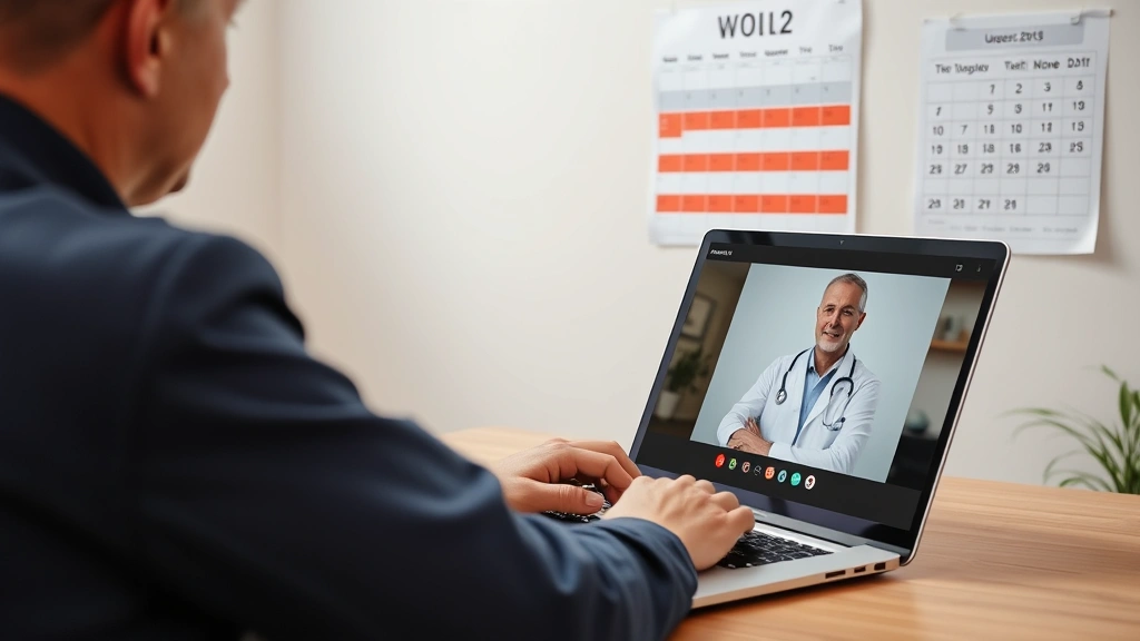 Person at laptop during video call with doctor, calendar showing urgent dates on wall