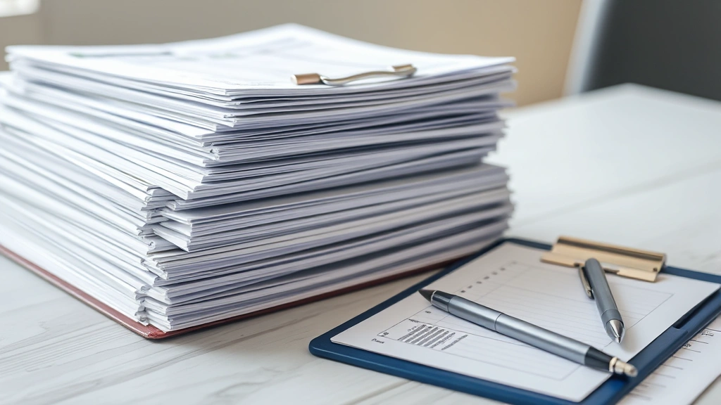 Stack of organized medical records and documents on table with pen and clipboard