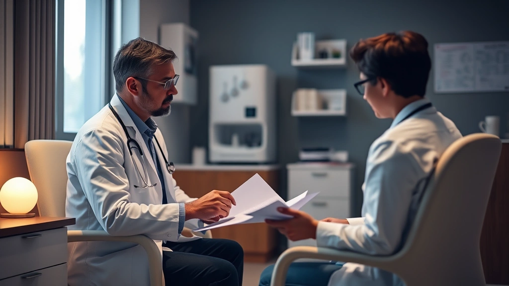 A person meeting with a healthcare provider in a medical office, reviewing documents and discussing treatment options, warm l
