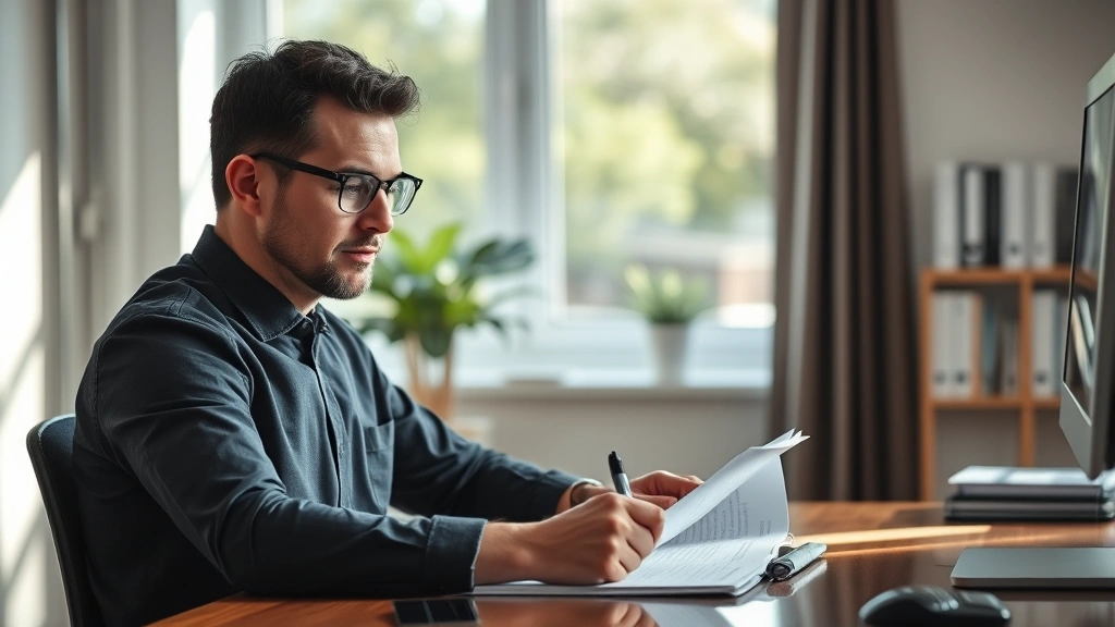 A thoughtful individual at a desk writing or reviewing important documents with reading glasses, natural window light, focuse