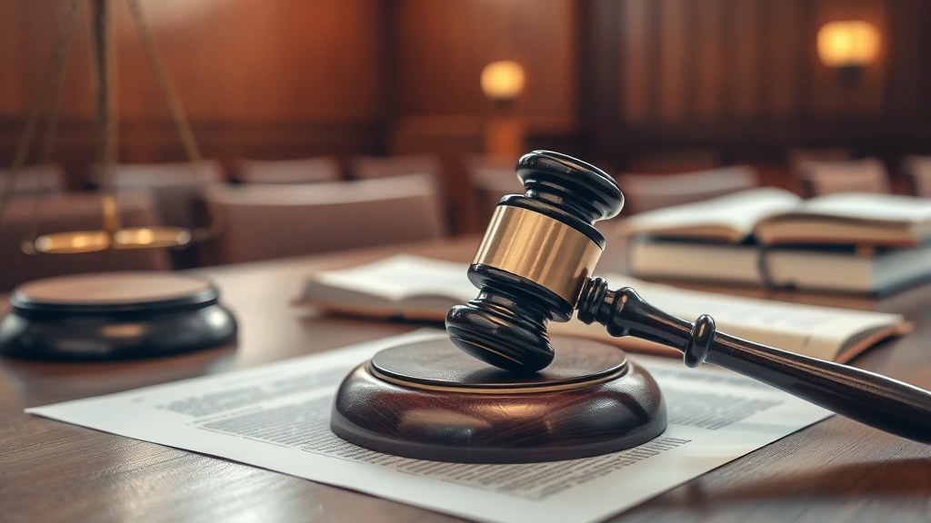 A judge's gavel resting on legal documents in a courtroom, soft professional lighting, wooden desk, justice and law theme