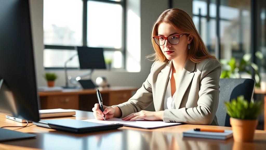 Professional woman sitting at desk writing formal letter, natural lighting, focused expression, modern office setting