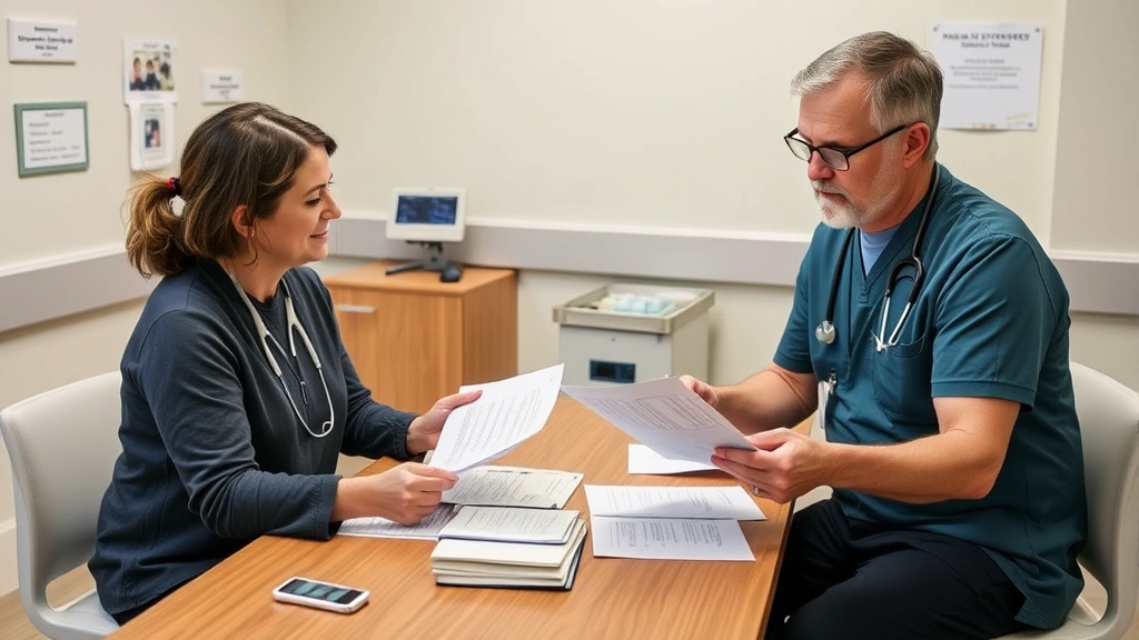 Healthcare provider and patient reviewing medical documents together, warm clinical environment, supportive interaction, pape