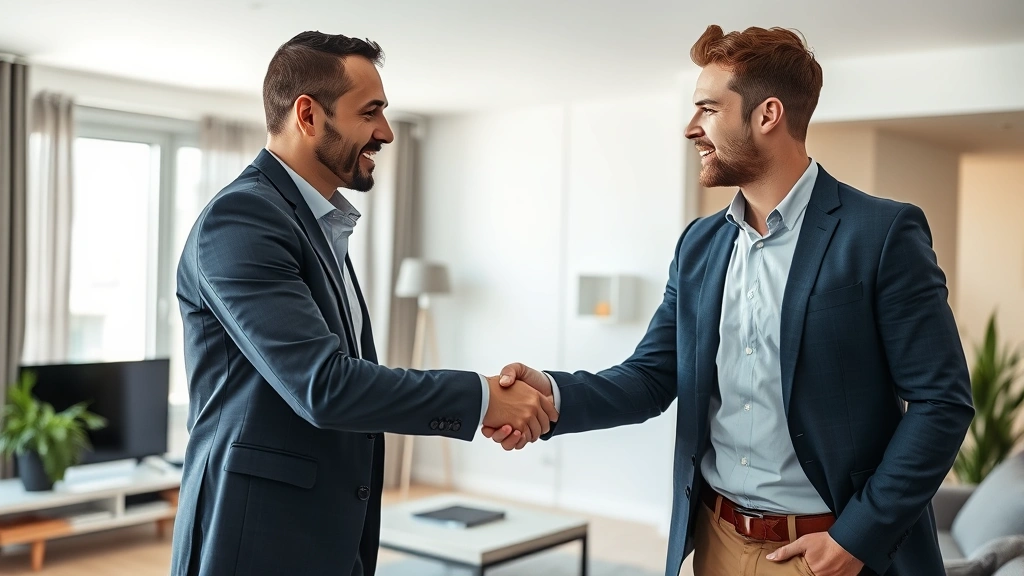 Tenant and landlord shaking hands in apartment, professional meeting, positive resolution, modern residential unit in backgro