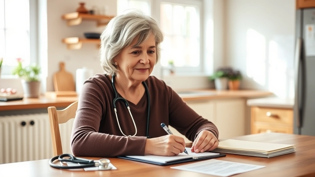 Mature woman sitting at kitchen table writing letter with stethoscope and medical documents nearby, natural window lighting,