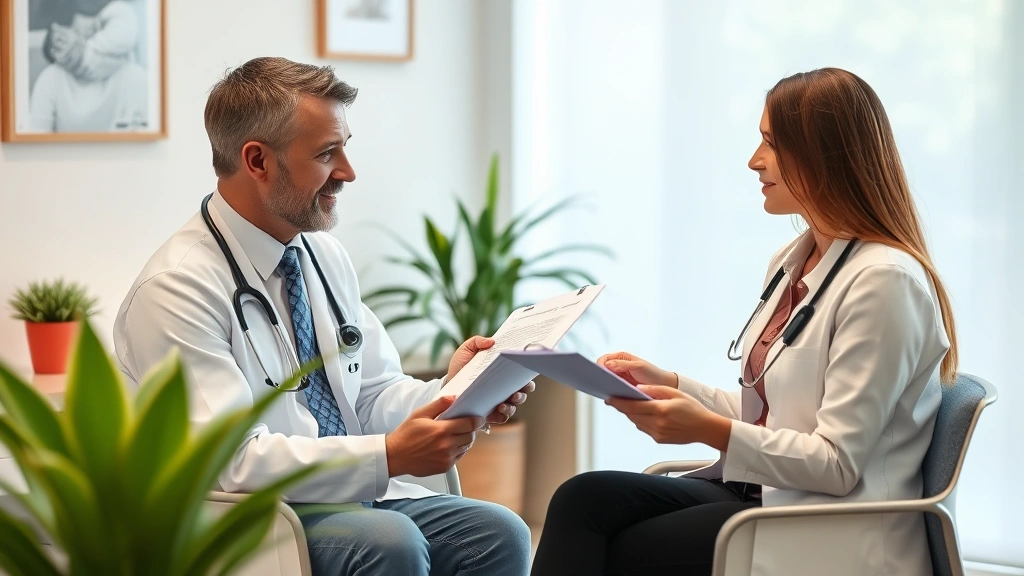Healthcare provider reviewing medical documents with patient in office, discussing accommodation options, professional clinic