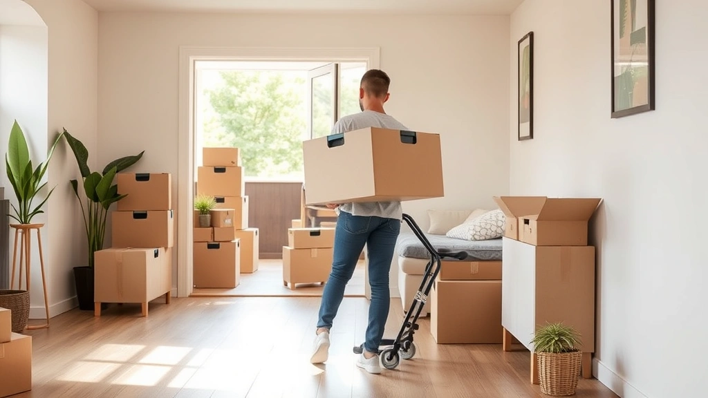 Person moving boxes into accessible ground floor apartment with no stairs, natural daylight, welcoming neutral interior space