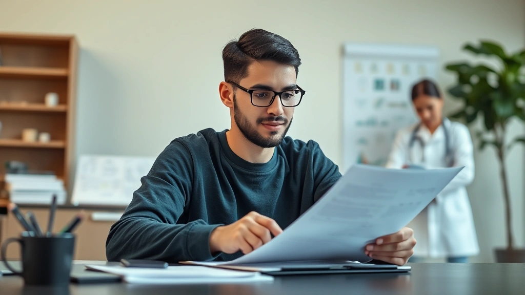 Student sitting at desk reviewing medical documents with supportive healthcare provider in background, natural lighting, calm