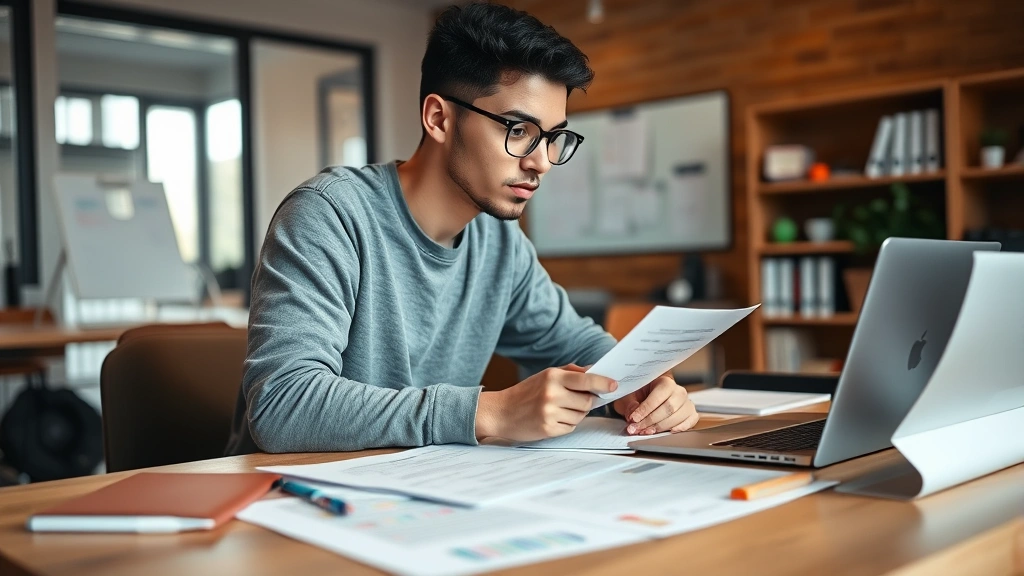 Diverse student working with laptop and medical notes spread on desk, focused expression, warm indoor lighting, organized wor