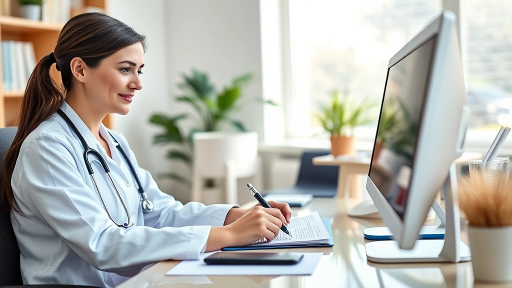 Healthcare provider writing documentation letter at desk with computer, professional office environment, natural daylight, ca
