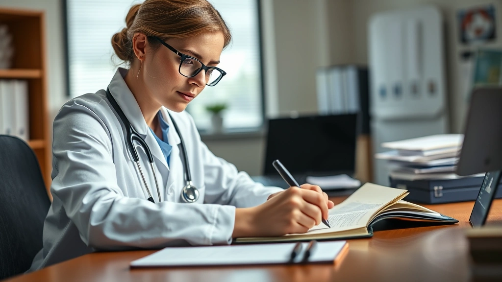 Healthcare provider writing medical documentation at desk with patient file open, warm office lighting