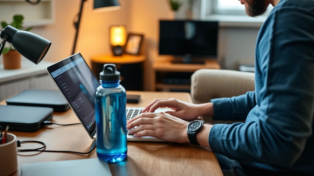 Person at home office working on laptop with water bottle nearby, comfortable ergonomic setup visible