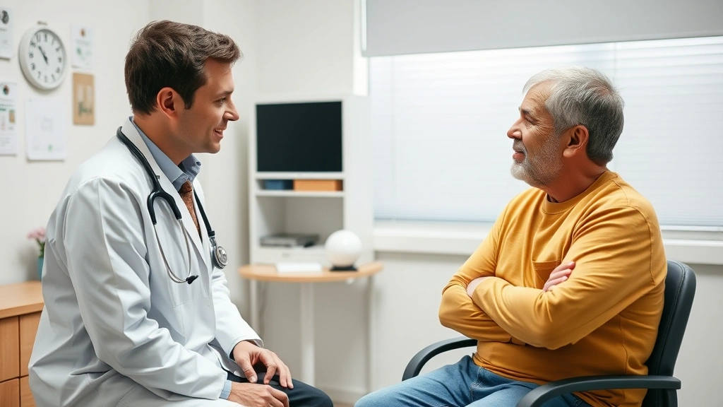 Doctor and patient having supportive conversation in clinical office, discussing medical accommodation options